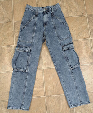 Express sz 4 Straight Ankle High Rise Cargo Jeans denim blue stretchy 0899